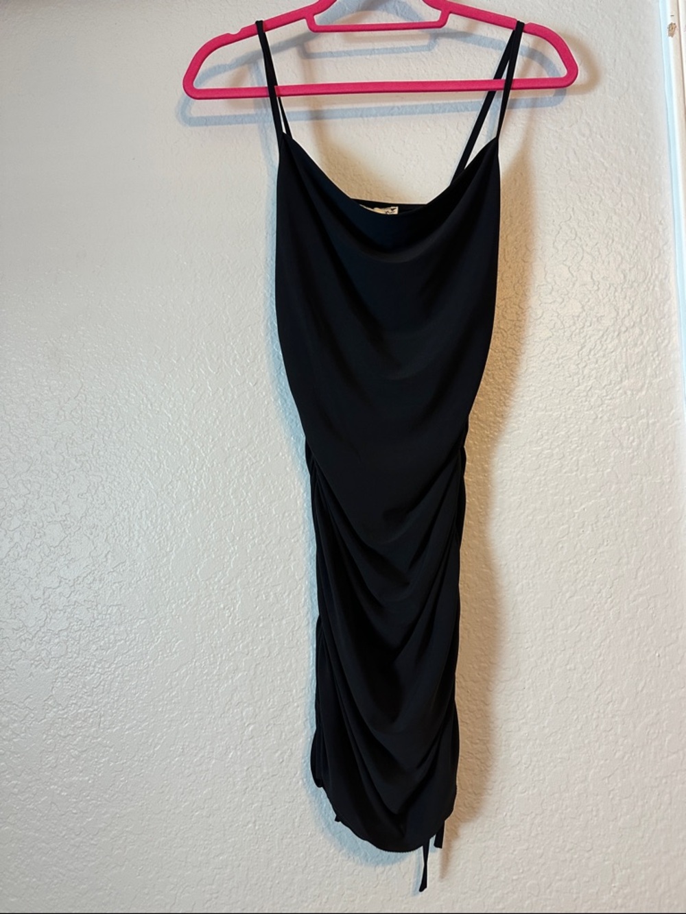 Sleek Black Cowl-Neck Mini Dress with Side Ruching
